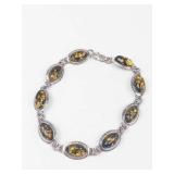 Green Amber Cabochon Sterling Silver Link Bracelet 7'