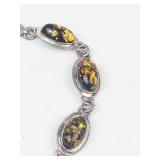 Green Amber Cabochon Sterling Silver Link Bracelet 7'