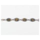 Green Amber Cabochon Sterling Silver Link Bracelet 7'