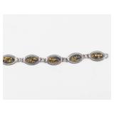 Green Amber Cabochon Sterling Silver Link Bracelet 7'