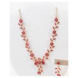 Red Rhinestone Gold Tone Necklace & Earrings Set