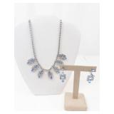 Vintage Blue & White Rhinestone Silver Tone Necklace & Clip-On Earrings Set