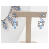 Vintage Blue & White Rhinestone Silver Tone Necklace & Clip-On Earrings Set