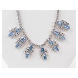 Vintage Blue & White Rhinestone Silver Tone Necklace & Clip-On Earrings Set
