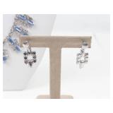 Vintage Blue & White Rhinestone Silver Tone Necklace & Clip-On Earrings Set
