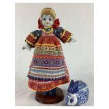 Vintage Russian Serbian Doll with Porcelain Face, Hands & Boots Plus Porcelain Rabbit Trinket Box