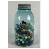 Aqua Blue Ball Perfect Mason Jar with Vintage Marbles including 10 Uranium Marbles