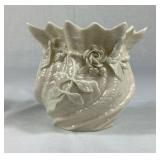 Set of 3 Belleek Irish Porcelain Flowered Bowl Vases with Sculpted Rose and Leaf Details