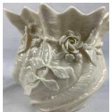 Set of 3 Belleek Irish Porcelain Flowered Bowl Vases with Sculpted Rose and Leaf Details