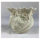 Set of 3 Belleek Irish Porcelain Flowered Bowl Vases with Sculpted Rose and Leaf Details