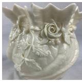 Set of 3 Belleek Irish Porcelain Flowered Bowl Vases with Sculpted Rose and Leaf Details