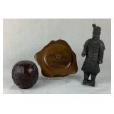 Chinese Warrior Sculpture and Hand Carved Japanese & Globe Wood Trinket Boxes