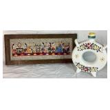 Slovakian Bundle of Pottery Canteen and Vintage Slovakian Framed Folk Embroidery Village Art