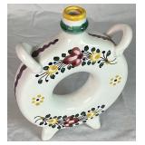 Slovakian Bundle of Pottery Canteen and Vintage Slovakian Framed Folk Embroidery Village Art