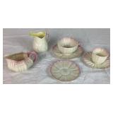 Antique Belleek Porcelain Triacna Pink Creamer, Tridacna Cups & Saucers (2 Sizes), Extra Shell Saucer and Lily White Creamer-Yellow Interior