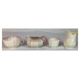 Antique Belleek Porcelain Triacna Pink Creamer, Tridacna Cups & Saucers (2 Sizes), Extra Shell Saucer and Lily White Creamer-Yellow Interior