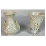 Vintage Belleek Irish Porcelain Thistle Vase Green Mark, Basketweave 3 Footed vase Black 3rd Mark,