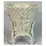 Vintage Belleek Irish Porcelain Thistle Vase Green Mark, Basketweave 3 Footed vase Black 3rd Mark,