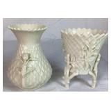 Vintage Belleek Irish Porcelain Thistle Vase Green Mark, Basketweave 3 Footed vase Black 3rd Mark,