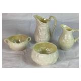 Belleek Irish Pocelain Black 3rd Mark Open Sugar Bowl 4', Ivy Yellow Pitcher Black Mark 4' H , Lotus Open Sugar Bowl Black Mark 3' Opening and Bacchus Mark Pitcher Black Mark  4.75' H