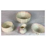 Antique Belleek Black Mark Triacna Porcelain Bowl, Shell Bowl with Shell Feet, Nautilus Shell Shaped Sugar Bowl and Nautilus Shell Creamer