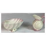 Antique Belleek Black Mark Triacna Porcelain Bowl, Shell Bowl with Shell Feet, Nautilus Shell Shaped Sugar Bowl and Nautilus Shell Creamer