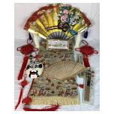Assortment of Asian Décor - Knots, Fans, Faux Ivory Dragon Vases and Tapestry