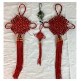 Assortment of Asian Décor - Knots, Fans, Faux Ivory Dragon Vases and Tapestry