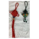 Assortment of Asian Décor - Knots, Fans, Faux Ivory Dragon Vases and Tapestry