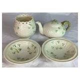Belleek Classic Shamrock Teapot, Rose Bowl Vase and 6.5' Fruit Dessert Bowls
