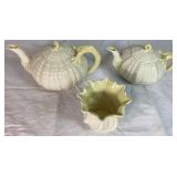Classic Tridacna Shell Belleek Irish Porcelain Teapots 8' W x 9' W  and Neptune Pattern Vase 3.5' H