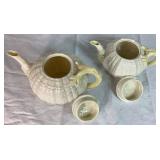 Classic Tridacna Shell Belleek Irish Porcelain Teapots 8' W x 9' W  and Neptune Pattern Vase 3.5' H