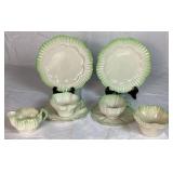 Belleek Black Mark Green Trim Dish Collection of Teacups & Saucers, Creamer, Ruffled Open Sugar Bowl and 7.5' Plates