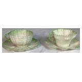 Belleek Black Mark Green Trim Dish Collection of Teacups & Saucers, Creamer, Ruffled Open Sugar Bowl and 7.5' Plates