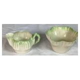 Belleek Black Mark Green Trim Dish Collection of Teacups & Saucers, Creamer, Ruffled Open Sugar Bowl and 7.5' Plates
