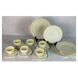 Vintage Belleek Irish Porcelain Limpet Yellow Pattern Two Handled Serving Plate, 8 Salad Plates, and 6 Cups & Saucers