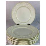 Vintage Belleek Irish Porcelain Limpet Yellow Pattern Two Handled Serving Plate, 8 Salad Plates, and 6 Cups & Saucers