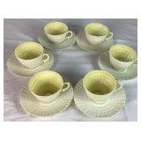 Vintage Belleek Irish Porcelain Limpet Yellow Pattern Two Handled Serving Plate, 8 Salad Plates, and 6 Cups & Saucers