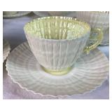 Vintage Belleek Irish Porcelain Limpet Yellow Pattern Two Handled Serving Plate, 8 Salad Plates, and 6 Cups & Saucers