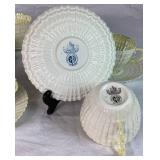 Vintage Belleek Irish Porcelain Limpet Yellow Pattern Two Handled Serving Plate, 8 Salad Plates, and 6 Cups & Saucers