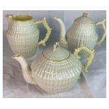 Black Mark Belleek Limpet Shell Teapot, Pitcher and Coffee Server