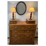 Antique 6 Drawer Dresser with Wall Mirror and 2 Dresser Lamps