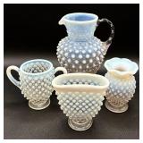 Vintage Opalescent Hobnail Pitcher, Sugar Bowl and 2 Vases (UV Reactive high manganese content)