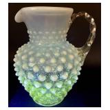 Vintage Opalescent Hobnail Pitcher, Sugar Bowl and 2 Vases (UV Reactive high manganese content)