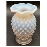 Vintage Opalescent Hobnail Pitcher, Sugar Bowl and 2 Vases (UV Reactive high manganese content)