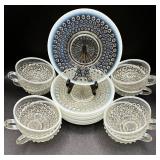 Set of 8 Vintage Opalescent Hobnail Teacups and Saucers