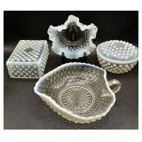 Collection of Vintage Opalescent Hobnail Trinket Boxes and Dishes