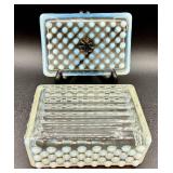 Collection of Vintage Opalescent Hobnail Trinket Boxes and Dishes
