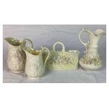Antique Belleek Black Mark Irish Porcelain Bacchus Pitchers, Aberdeen Pitcher and Flower Basket
