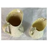 Antique Belleek Black Mark Irish Porcelain Bacchus Pitchers, Aberdeen Pitcher and Flower Basket